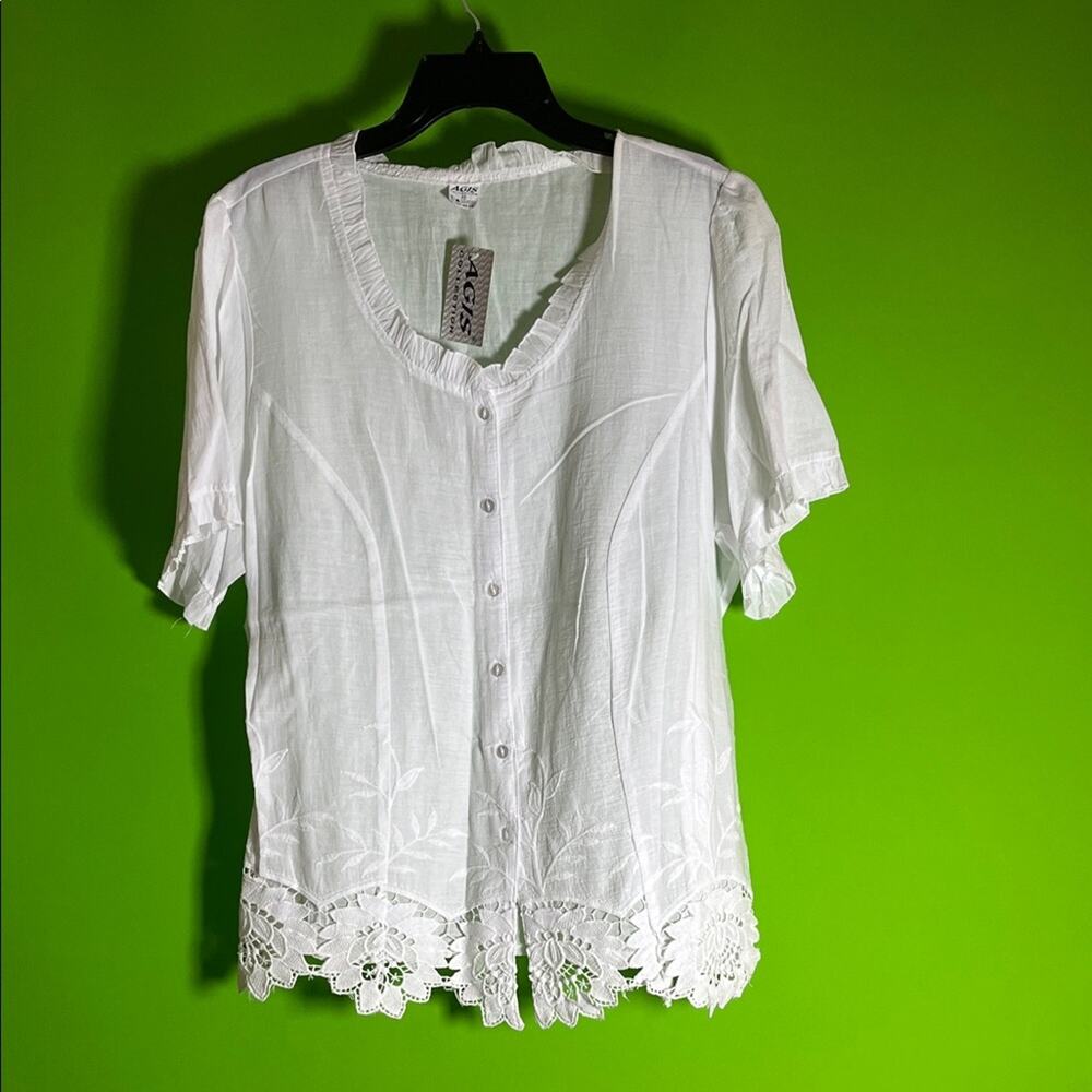 Agis White Lace Trim European embroidered Short Sleeve Blouse Size 20 - Picture 2 of 7